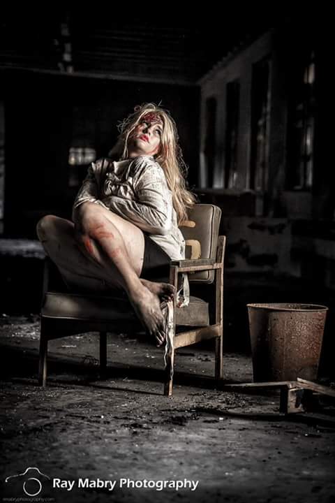 Female model photo shoot of MemphisBelle in old Napa state insane asylum facility