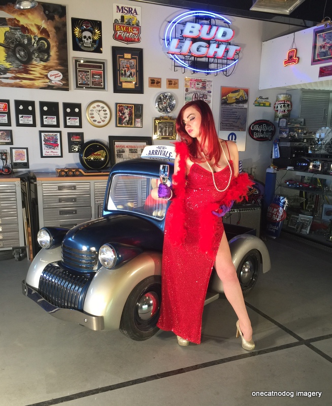 Male and Female model photo shoot of onecatnodog and Katy Mae Pinup in Sideways Garage