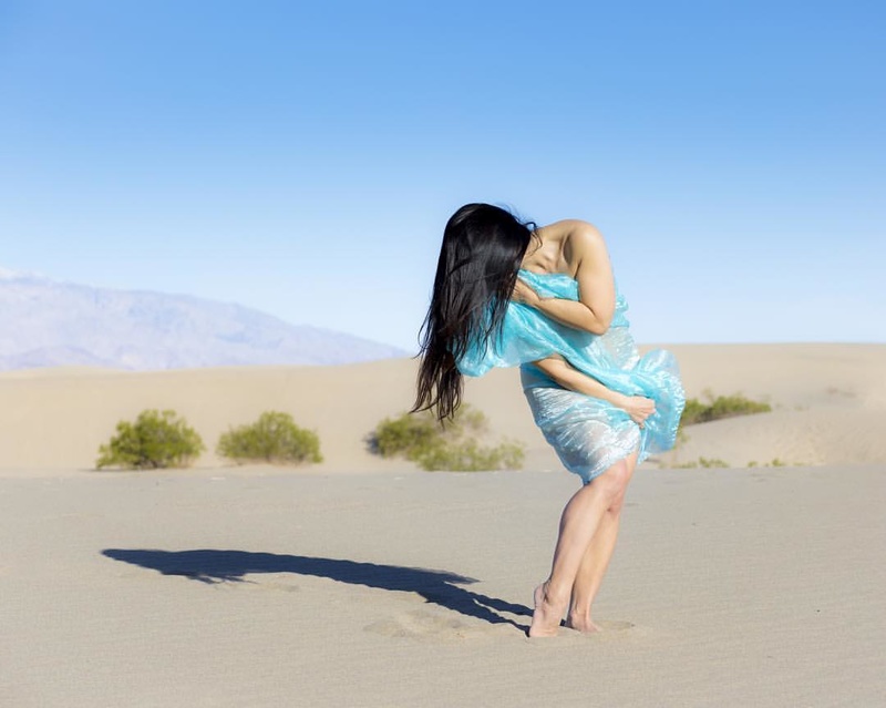 Female model photo shoot of Tomiko in Mesquite Sand Dunes, Death Valley