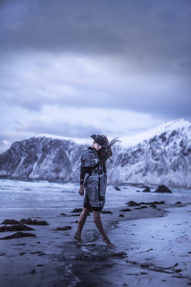 Female model photo shoot of KKajalainen in Lofoten, Norway