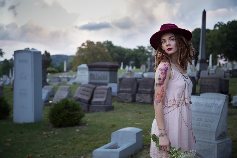 Female model photo shoot of LillySilknetter and Emily Lorant in Allegheny Cemetery, Pittsburgh