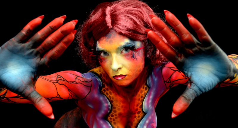 Male model photo shoot of RED Paints and Photo in Home Studio, body painted by Body Masterpiece 