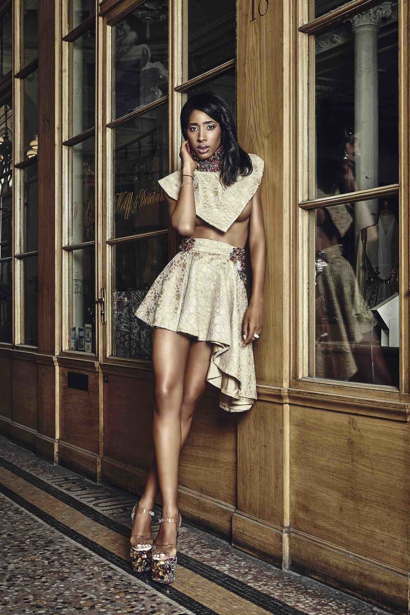 Female model photo shoot of DUMEBI Fashion by Bertrand Noel in Galerie Vivienne Paris