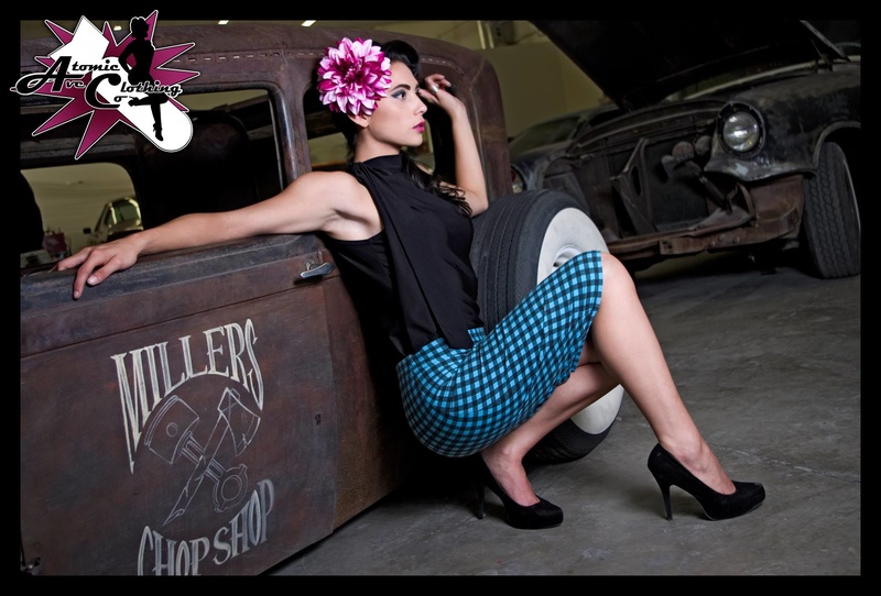 Female model photo shoot of Atomic Ave Clothing Co, Kendra Thurman and Reagan Riot in Millers Chop Shop