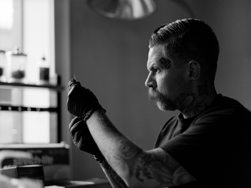 Male model photo shoot of Drew Manchu in Salty Dog Tattoo Parlor. Medford, Oregon.