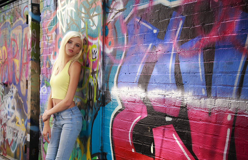 Male and Female model photo shoot of CMYK Photography and AlexaMichelle in Graffiti Alley, MD