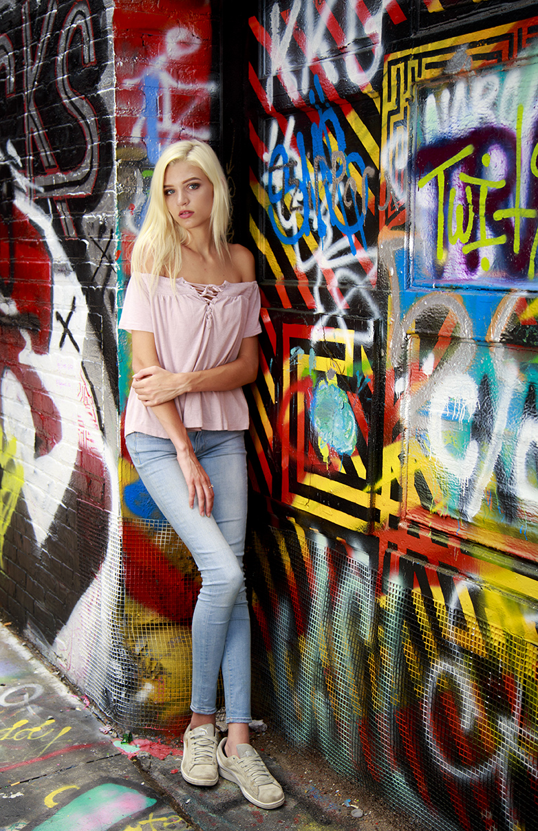 Male and Female model photo shoot of CMYK Photography and AlexaMichelle in Graffiti Alley, MD