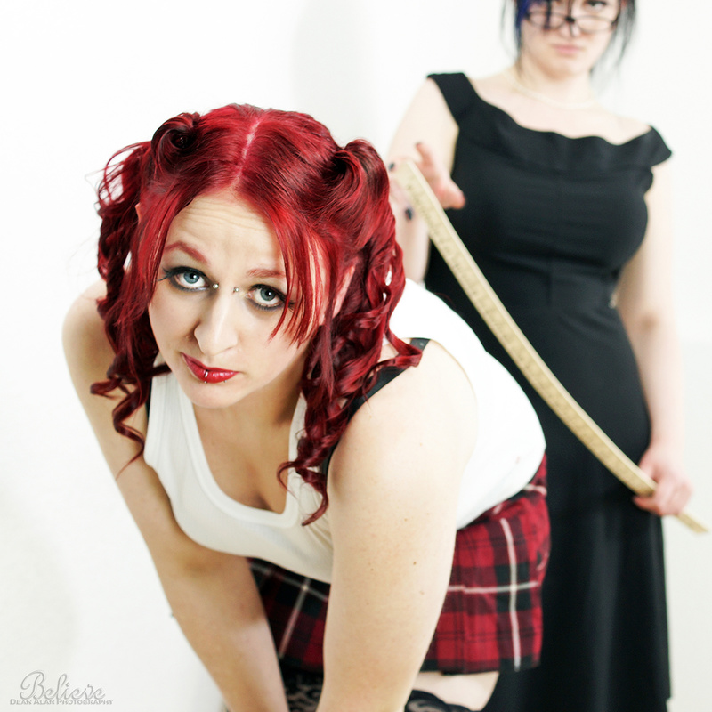 Male and Female model photo shoot of Dean Alan, Dahlia Nightmare and Hysteria Strange in SGR Studio