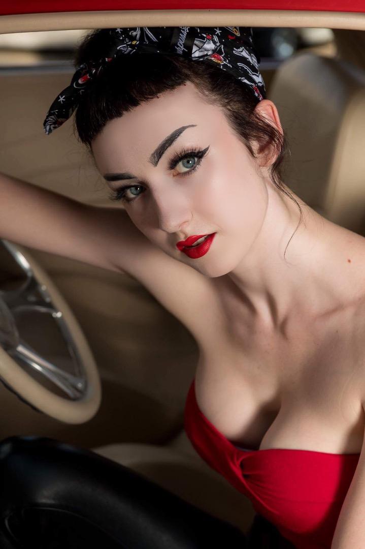 Female model photo shoot of Audrey Benoit in Ricks Rods and Automotived