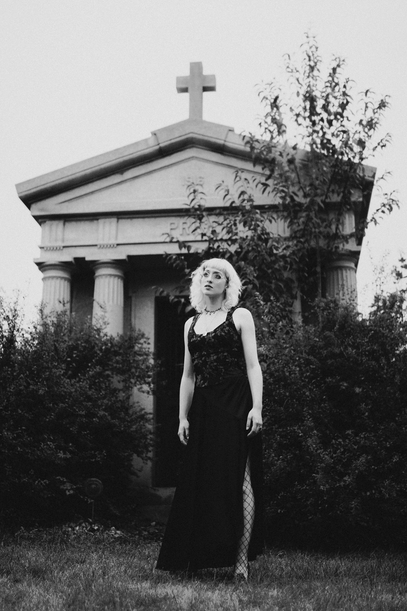 Female model photo shoot of Mandi- haerie_faerie in Lansing, MI-Graceland Cemetery