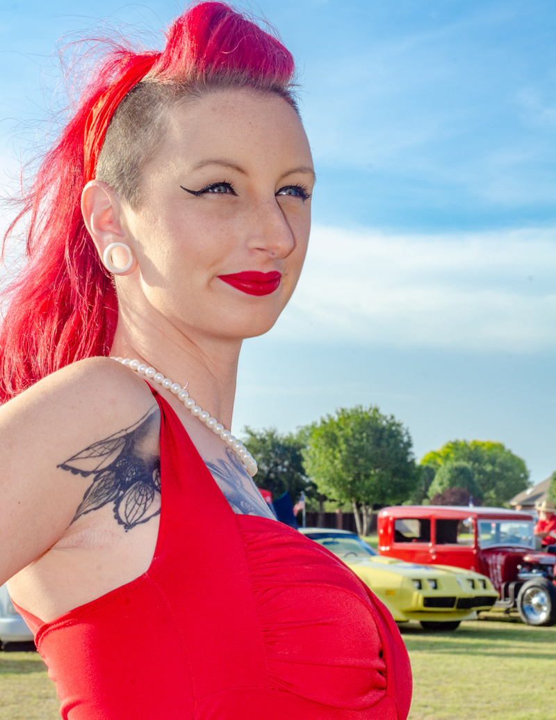 Female model photo shoot of BrittanyNicole29 in Highland oaks hot rods in the park