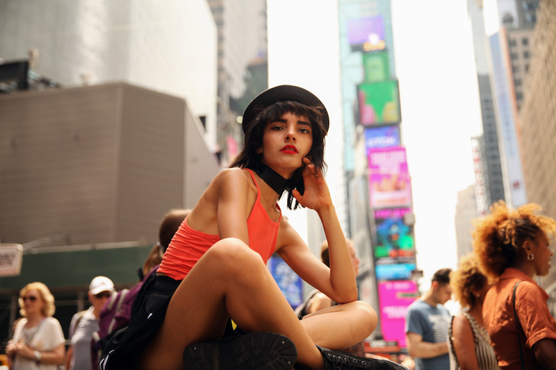 Female model photo shoot of Mariana Montes de Oca in Times Square, NYC