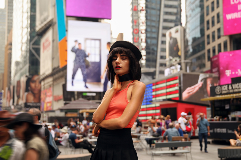 Female model photo shoot of Mariana Montes de Oca in Times Square, NYC