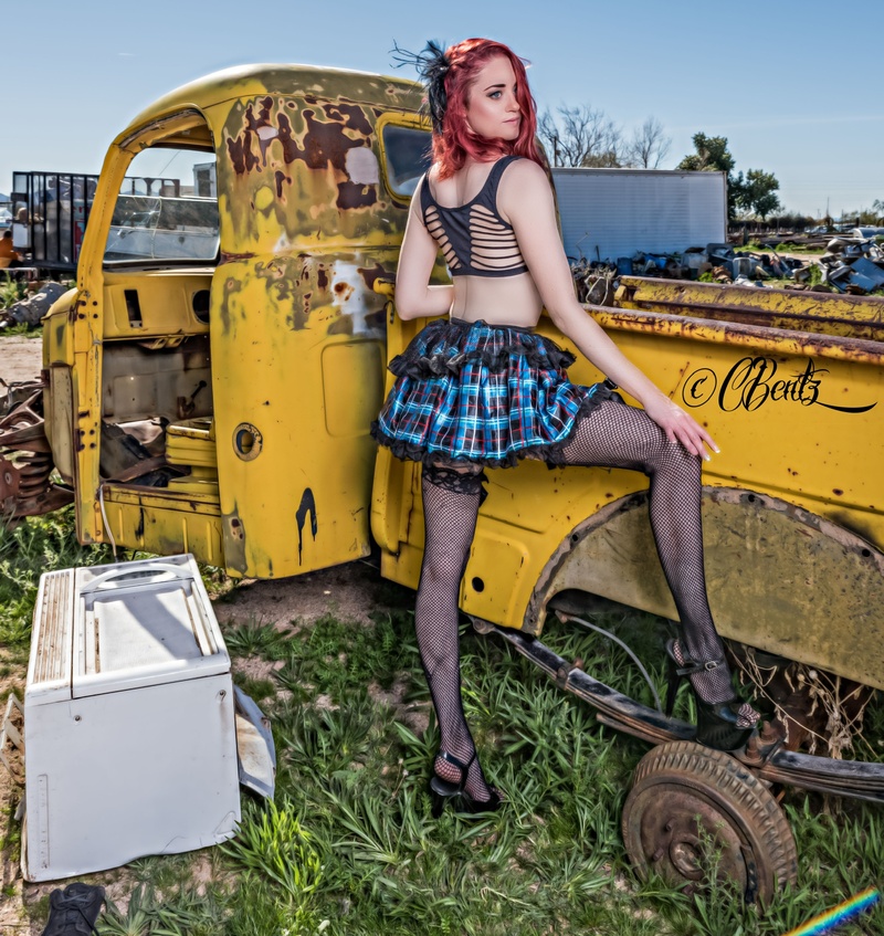Female model photo shoot of KateAhern in Junk Yard shoot 2019
