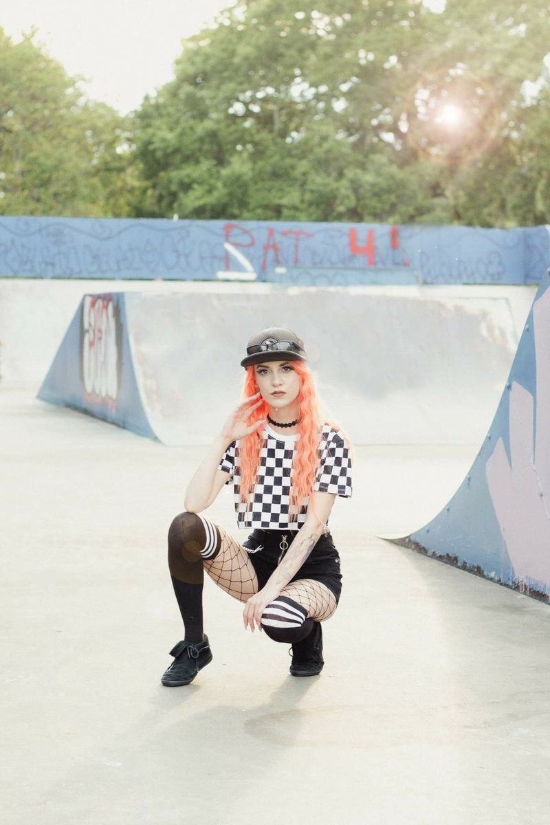 Female model photo shoot of KaelaVan in EZ7 skatepark Houston tx