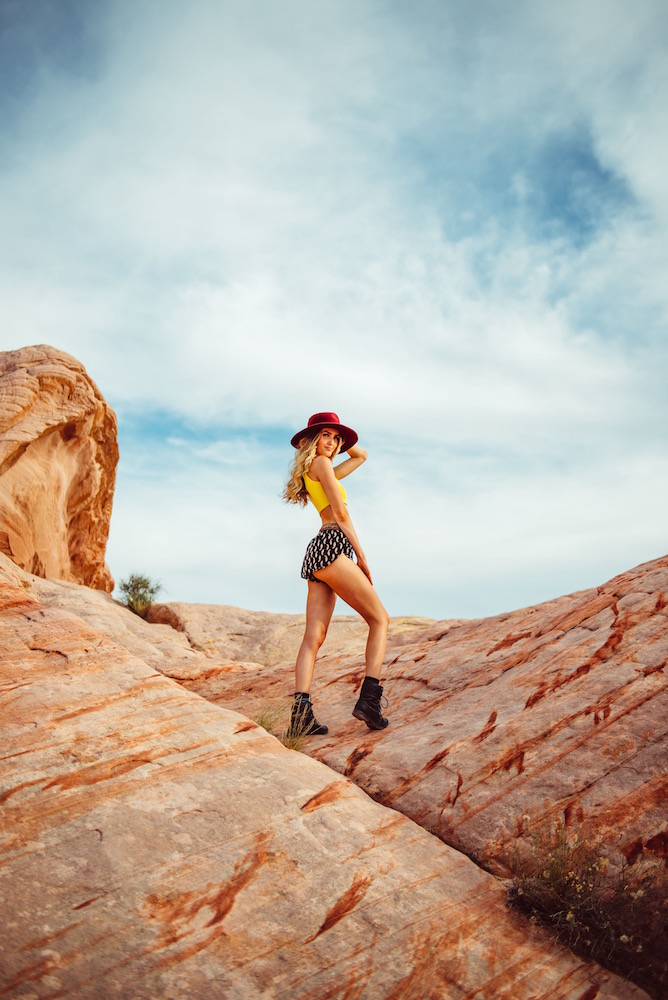 Female model photo shoot of hailstormy in Valley of fire
