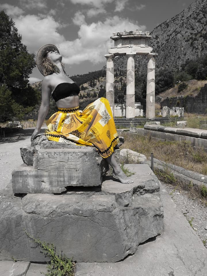 Female model photo shoot of Flore Rebirg in Athena Temple Delphi Greece