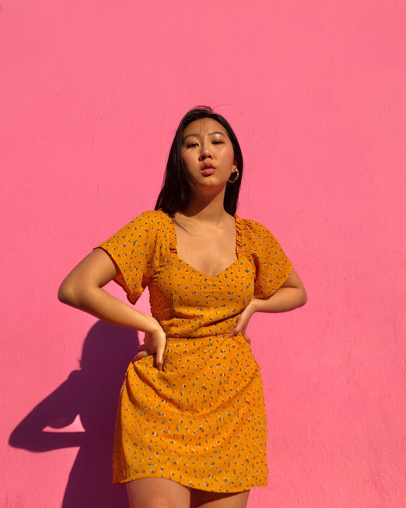 Female model photo shoot of virginia_ling in Iconic Paul Smith Pink Wall