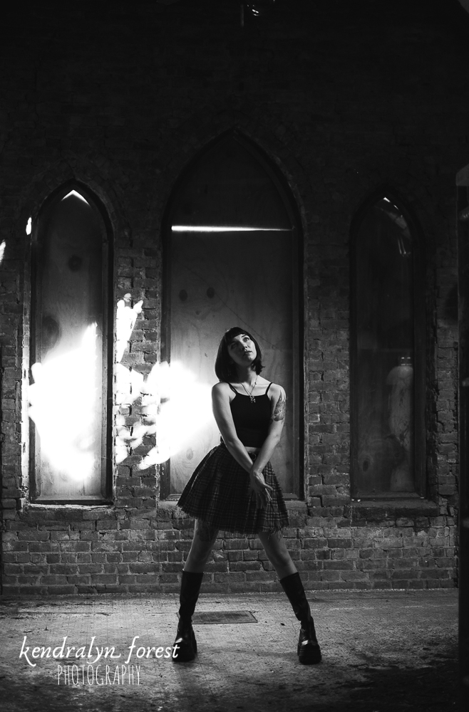 Female model photo shoot of Kendralyn Forest in Abandoned Church