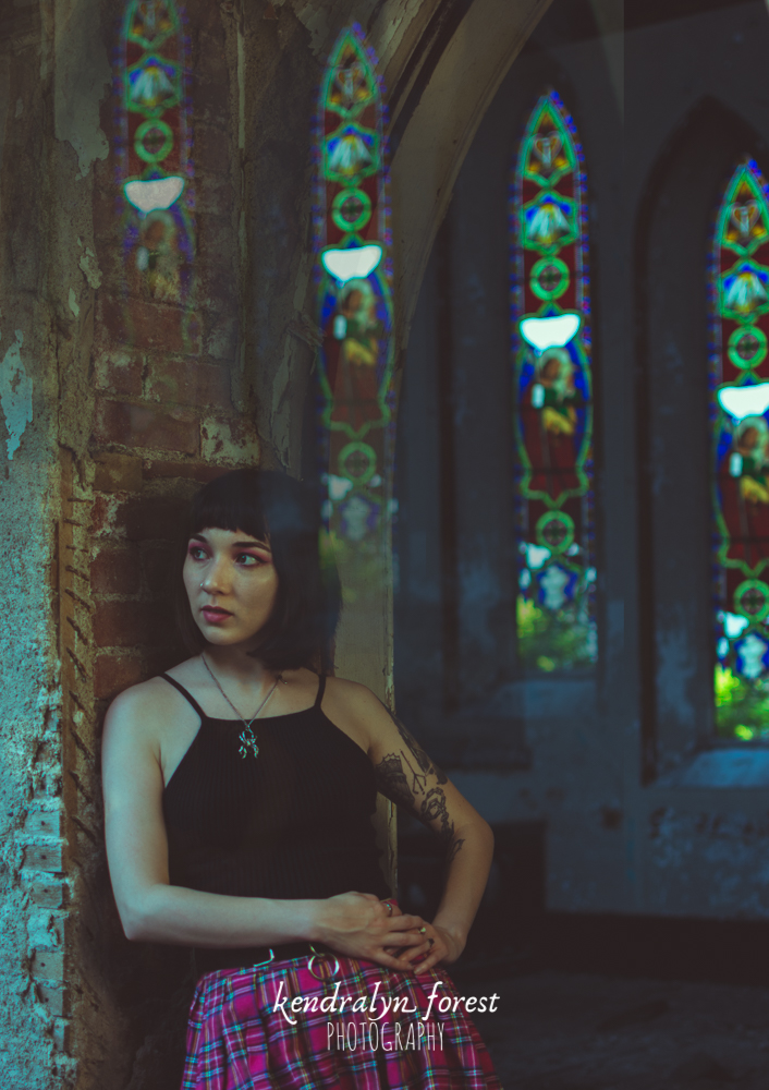 Female model photo shoot of Kendralyn Forest in Abandoned Church