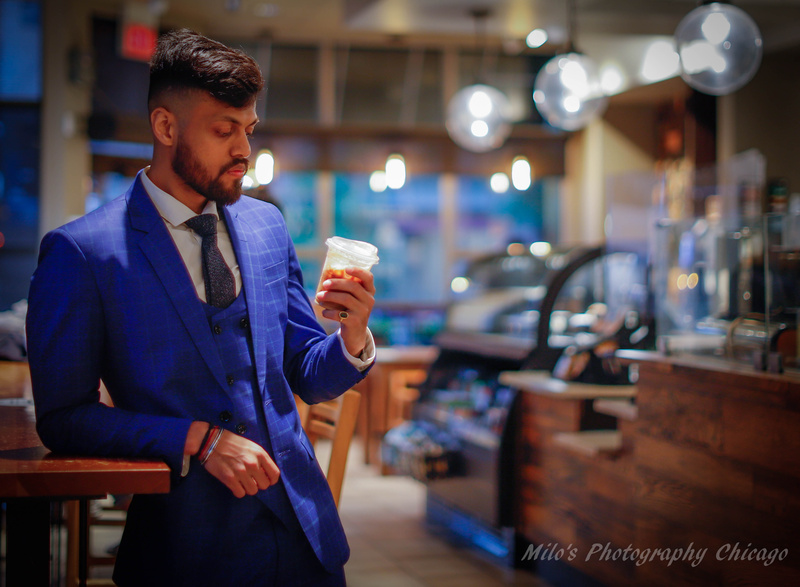 Male model photo shoot of MILOSPHOTOGRAPHYCHICAGO in Starbucks cafe Chicago.